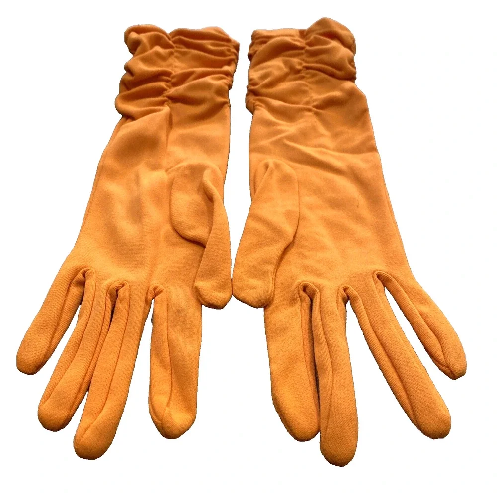 Vintage Dressy Orange Stretch Textile Gloves Ruched Elastic Wrist One Size 1960s